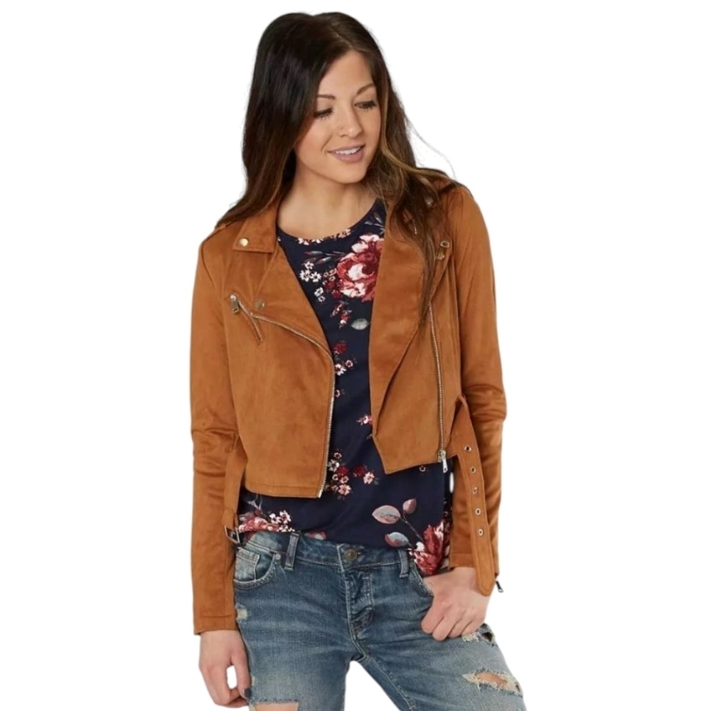 Ashley By 26 International Caramel Brown Faux Suede Moto Jacket Size Large